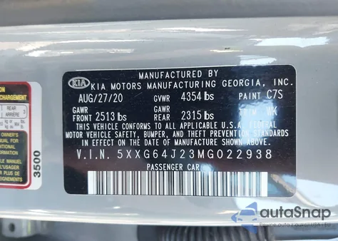 2021 Kia K5 Gt-Line z USA, uszkodzony, nr VIN 5XXG64J23MG022938